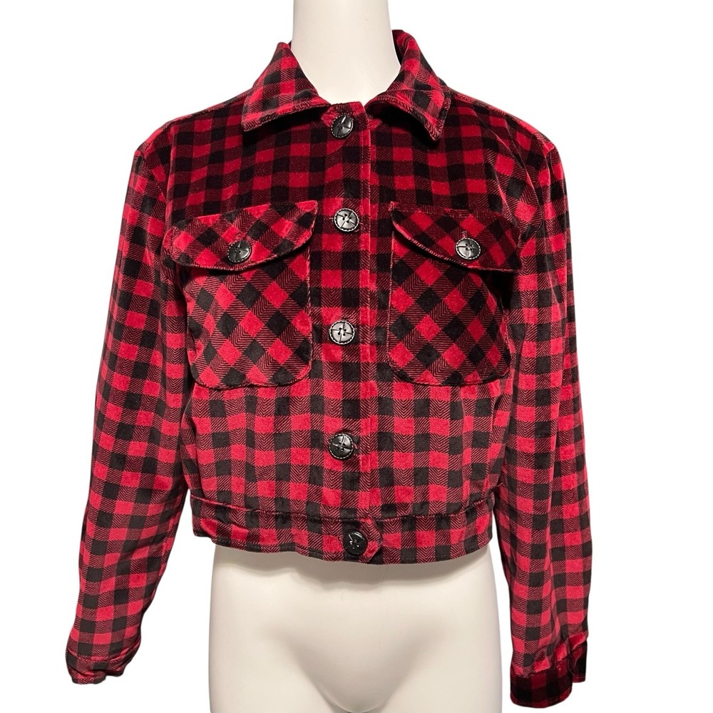 Vtg Bushwacker Cropped Velour Jacket Womens S Red Black Check Plaid USA Made